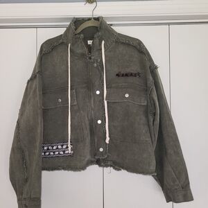 NWOT POL Olive Jean Jacket with Patterned Accents